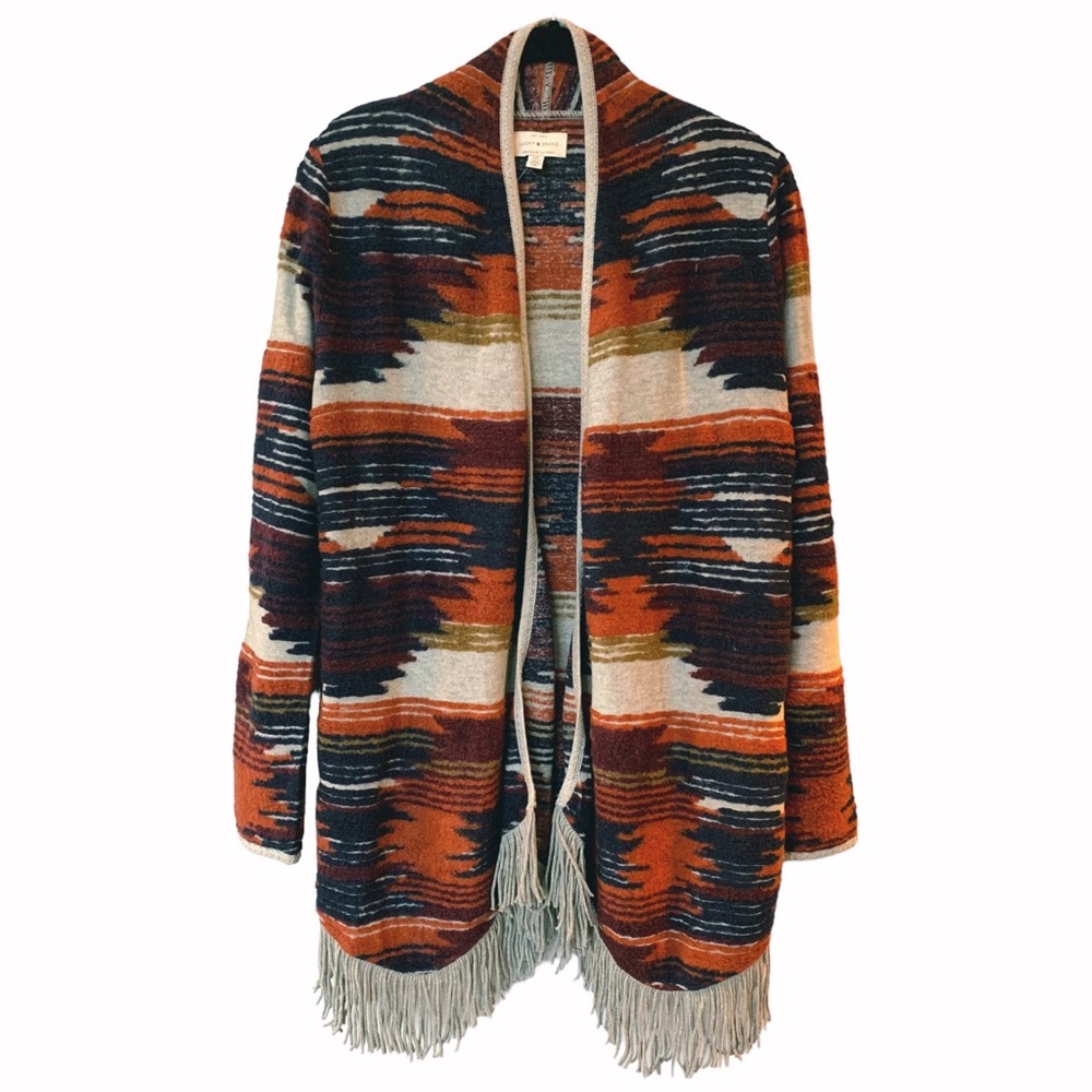 Lucky Brand Cardigan With Fringes Women’s Small S Aztec Western Red Blue Gray